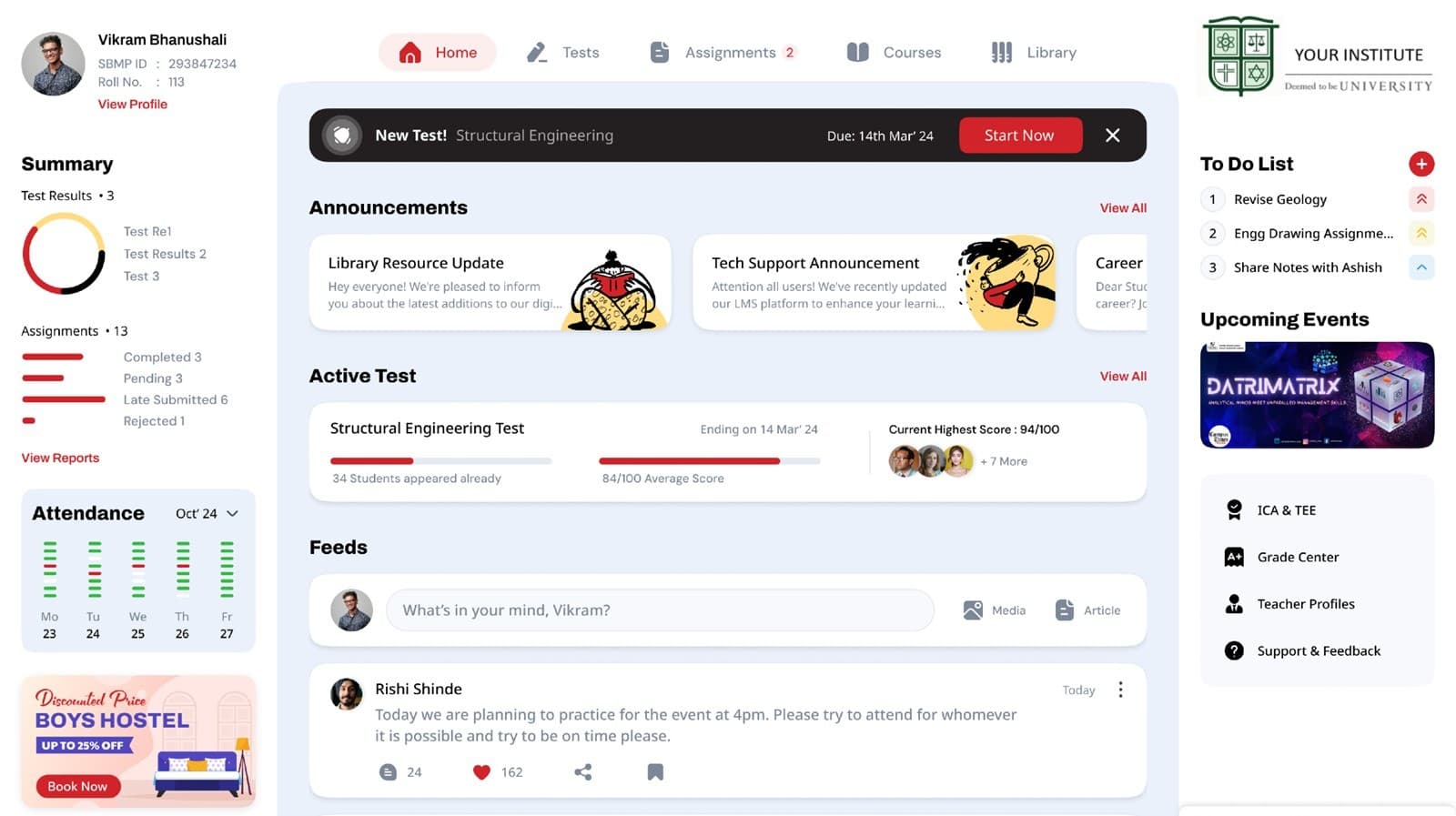 The Learning Management System dashboard: course announcements, an active test with class progress, attendance, assignments and a to-do list.